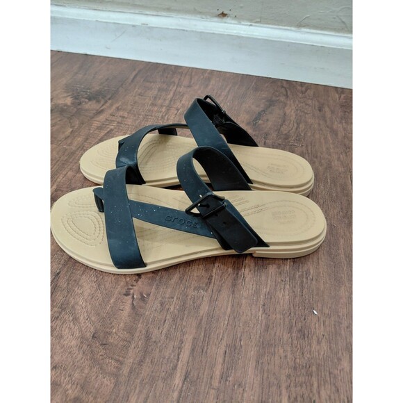 CROCS Shoes - Crocs Tulum Toe Post Sandal Black Tan Rubber Comfort Sandals, Size Womens 10